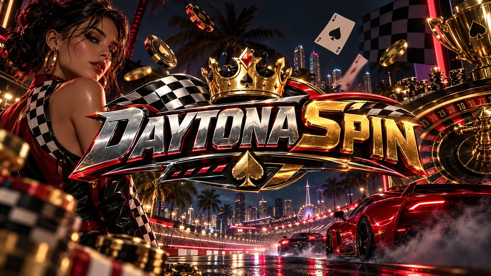 DaytonaSpin Casino banner: nachtrace met roulette en gouden trofee
